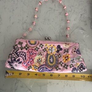 Embroidered 10” Pink Clutch Bag with beaded strap